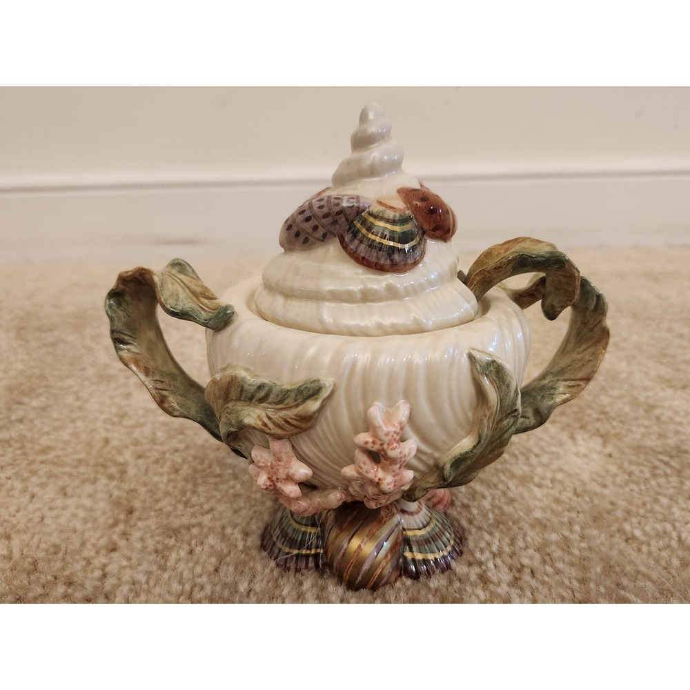 Fitz and Floyd Handcrafted Oceana Sugar Condiment Bowl Seashell Coral Ferns
